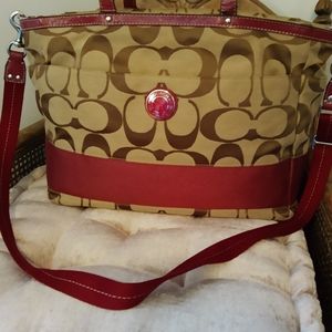 Large Coach Tote - Signature Canvas tan and raspb